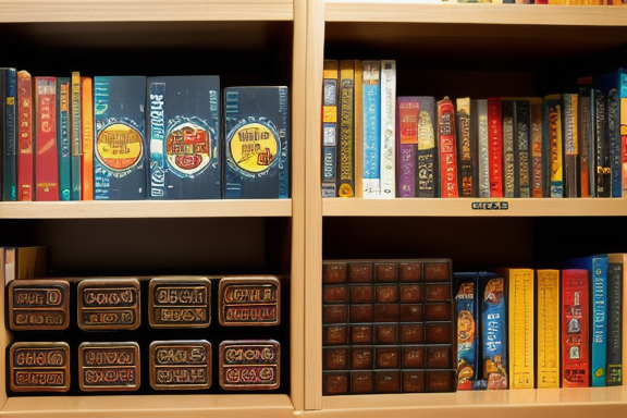 Board game rulebooks on a shelf